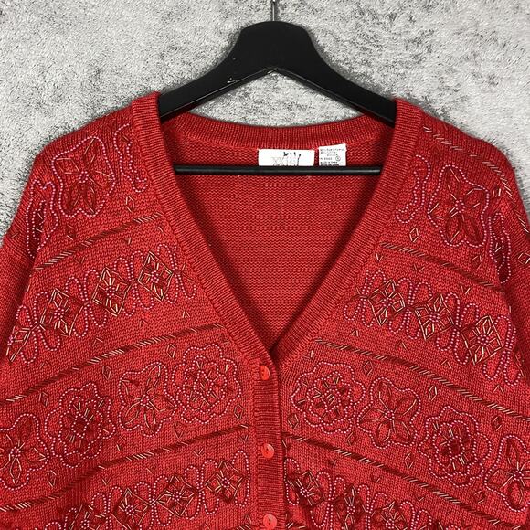 XXIst Cardigan Sweater Womens Small Red Beaded Floral Button Front Knit - Picture 2 of 16